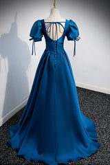 Blue V-Neck Satin Long Corset Prom Dress, Simple A-Line Evening Dress outfit, Black Dress Outfit