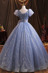 Blue Tulle Sequins Long Corset Prom Dress, A-Line Evening Gown with Bow outfit, Party Dresses And Jumpsuits