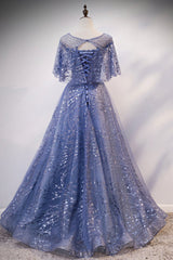 Blue Tulle Sequins Long Corset Prom Dress, A-Line Blue Evening Dress outfit, Party Dress Man