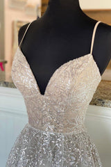 A-Line Tulle Sequins Long Corset Prom Dresses, Spaghetti Straps V-Neck Evening Dresses outfit, Semi Formal Dress