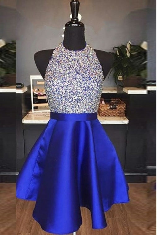 Elegant Halter Short Royal Blue Corset Homecoming Dress outfit, Party Dress Idea