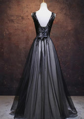 Black Corset Prom Dress, V Neckline Long Black Party Dresses, Black Evening Dresses outfit, Little Black Dress