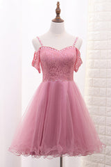Chic Tulle Lace Spaghetti Strap With Beading Corset Homecoming Dresses outfit, Bridesmaid Dress Mismatched