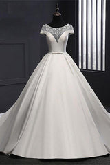 Chic Round Neck Lace Satin Short Sleeves Long Corset Ball Gown Corset Wedding Dresses outfit, Wedding Dress Satin