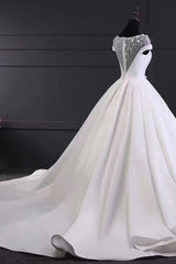 Chic Round Neck Lace Satin Short Sleeves Long Corset Ball Gown Corset Wedding Dresses outfit, Wedding Dresses Princess