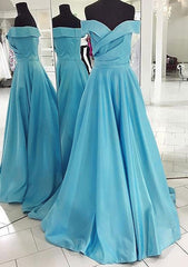 Ice Blue Corset Prom Dresses, A-line/Princess Off-the-Shoulder Sleeveless Sweep Train Satin Corset Prom Dress outfits, Ice Blue Prom Dresses