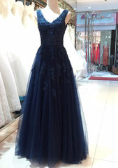 Tulle Dark Navy Corset Prom Dress A-Line/Princess V-Neck Long/Floor-Length With Beaded Appliqued Gowns, Tulle Dark Navy Prom Dress A-Line/Princess V-Neck Long/Floor-Length With Beaded Appliqued