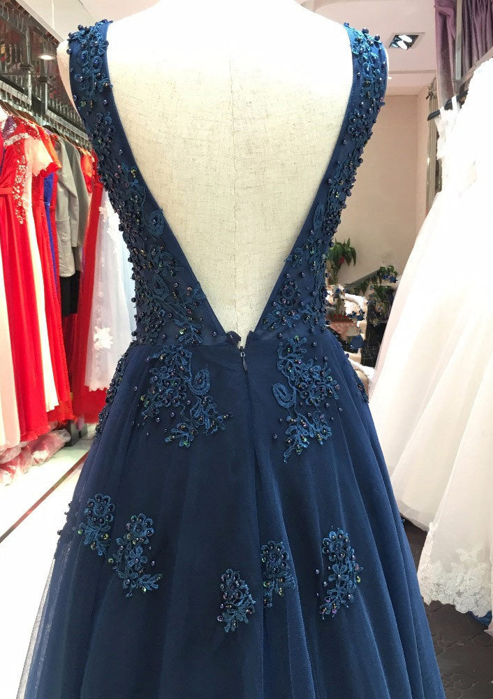 Tulle Dark Navy Corset Prom Dress A-Line/Princess V-Neck Long/Floor-Length With Beaded Appliqued Gowns, Tulle Dark Navy Prom Dress A-Line/Princess V-Neck Long/Floor-Length With Beaded Appliqued