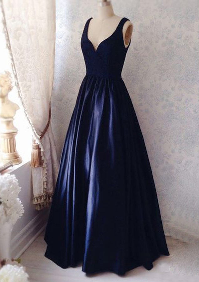 Dark Navy Corset Prom Dresses, A-line/Princess V Neck Sleeveless Long/Floor-Length Satin Corset Prom Dress outfits, Dark Navy Prom Dresses