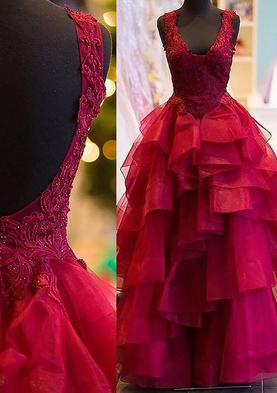 Red Corset Prom Dresses, Corset Ball Gown Square Neckline Sleeveless Long/Floor-Length Organza Corset Prom Dress With Ruffles Appliqued Beading outfit, Red Prom Dresses