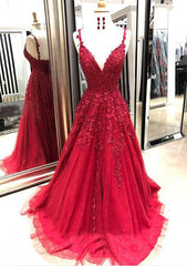 Red Corset Prom Dresses, A-line/Princess V Neck Sleeveless Sweep Train Tulle Corset Prom Dress With Appliqued Gowns, Red Prom Dresses