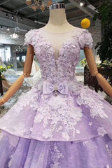 Lilac Corset Ball Gown Short Sleeve Corset Prom Dresses with Long Train, Gorgeous Quinceanera Dress outfit, Party Dresses For Ladies 2045