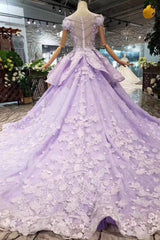 Lilac Corset Ball Gown Short Sleeve Corset Prom Dresses with Long Train, Gorgeous Quinceanera Dress outfit, Party Dress With Sleeves