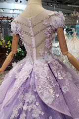 Lilac Corset Ball Gown Short Sleeve Corset Prom Dresses with Long Train, Gorgeous Quinceanera Dress outfit, Party Dress Mid Length