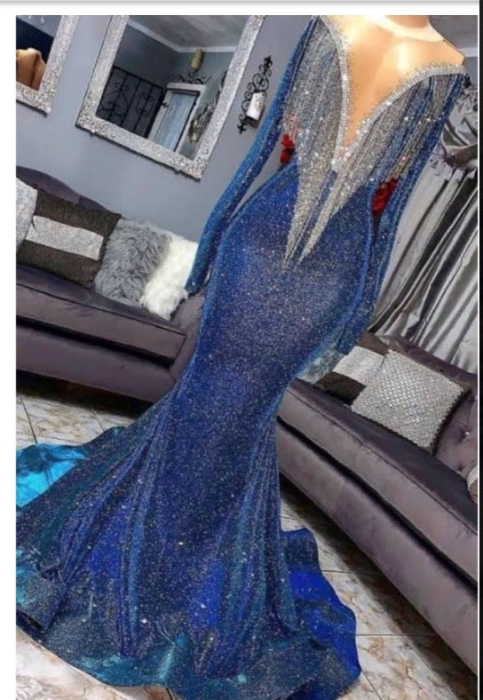 2024 Sexy Long Sleeve Mermaid V Neck Royal Blue Long Corset Prom Dresses outfit, Midi Dress