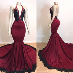 Mermaid V Neck Backless Burgundy And Black Long 2024 Corset Prom Dresses outfit, Formal Dress For Graduation