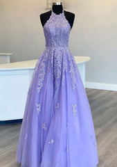 Lavender Corset Prom Dresses, Princess Halter Long/Floor-Length Lace Tulle Corset Prom Dress With Appliqued Beading outfit, Lavender Prom Dresses