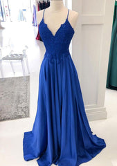 Royal Blue Corset Prom Dresses, A-line V Neck Sleeveless Long/Floor-Length Charmeuse Corset Prom Dress With Appliqued Beading Lace outfits, Royal Blue Prom Dresses