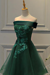 Dark Green Strapless A Line Appliques Tulle Corset Homecoming Dresses outfit, Bridesmaids Dresses Wedding
