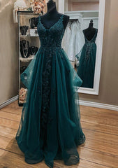 Ink Blue Corset Prom Dresses, A-line V Neck Sleeveless Lace Tulle Long/Floor-Length Corset Prom Dress With Beading outfit, Ink Blue Prom Dresses