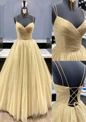 Yellow Corset Prom Dresses, V Neck Sleeveless Long/Floor-Length Tulle Corset Ball Gown With Pleated Sequins Gowns, Yellow Prom Dresses