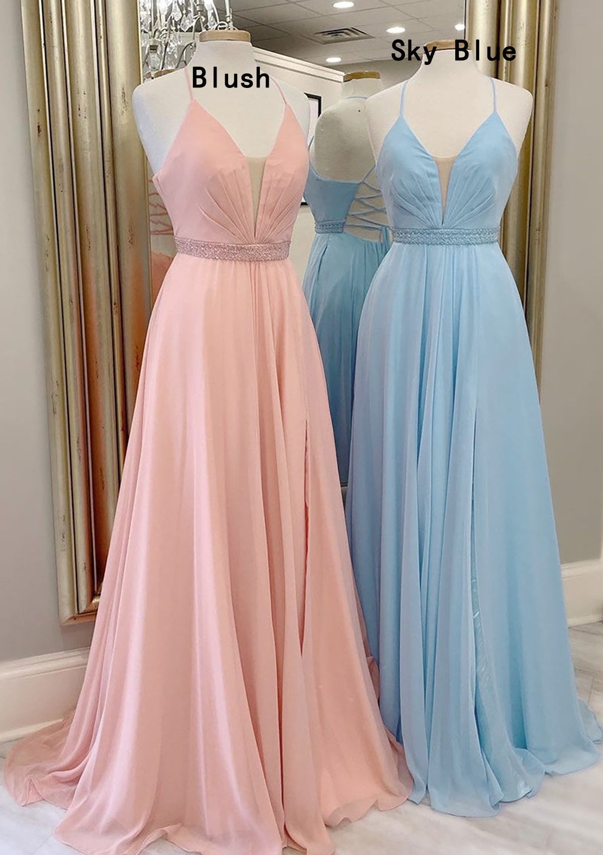 A-line V Neck Sleeveless Chiffon Sweep Train Corset Prom Dress With Beading Pleated Gowns, A-line V Neck Sleeveless Chiffon Sweep Train Prom Dress With Beading Pleated