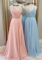 A-line V Neck Sleeveless Chiffon Sweep Train Corset Prom Dress With Beading Pleated Gowns, A-line V Neck Sleeveless Chiffon Sweep Train Prom Dress With Beading Pleated