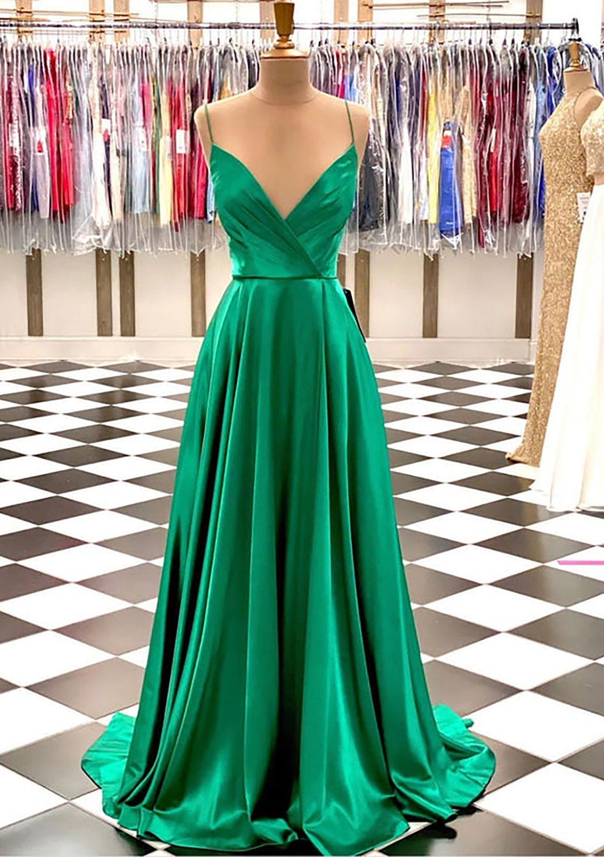 Hunter Green Corset Prom Dresses, A-line V Neck Spaghetti Straps Sweep Train Charmeuse Corset Prom Dress With Pleated Gowns, Hunter Green Prom Dresses