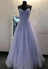 Lavender Corset Prom Dresses, A-line V Neck Spaghetti Straps Long/Floor-Length Tulle Corset Prom Dress With Beading Sequins Gowns, Lavender Prom Dresses