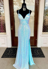 Fantasy Corset Prom Dresses, Sheath/Column V Neck Spaghetti Straps Sweep Train Sequined Corset Prom Dress With Split outfit, Fantasy Prom Dresses