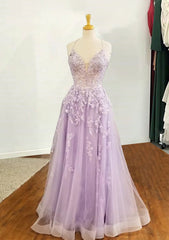 Lilac Corset Prom Dresses, A-line V Neck Spaghetti Straps Long/Floor-Length Tulle Corset Prom Dress With Appliqued Sequins Gowns, Lilac Prom Dresses