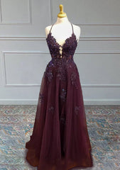Tulle Cabernet Corset Prom Dress A-line V Neck Spaghetti Straps Long/Floor-Length With Beading Sequins Appliqued Gowns, Tulle Cabernet Prom Dress A-line V Neck Spaghetti Straps Long/Floor-Length With Beading Sequins Appliqued