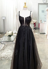 Black Corset Prom Dresses, A-line Square Neckline Spaghetti Straps Long/Floor-Length Tulle Corset Prom Dress With Glitter Beading Appliqued Gowns, Black Prom Dresses