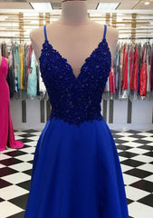 Royal Blue Corset Prom Dresses, A-line V Neck Regular Straps Long/Floor-Length Satin Corset Prom Dress With Appliqued Beading outfit, Royal Blue Prom Dresses