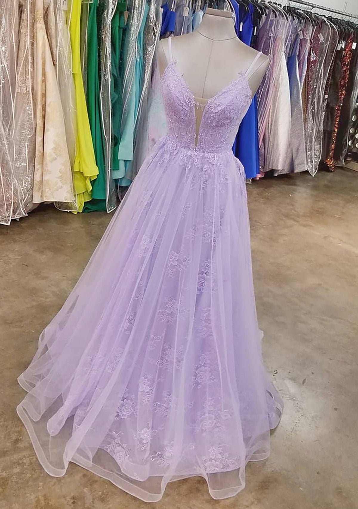 Lilac Corset Prom Dresses, A-line V Neck Spaghetti Straps Long/Floor-Length Lace Tulle Corset Prom Dress outfits, Lilac Prom Dresses