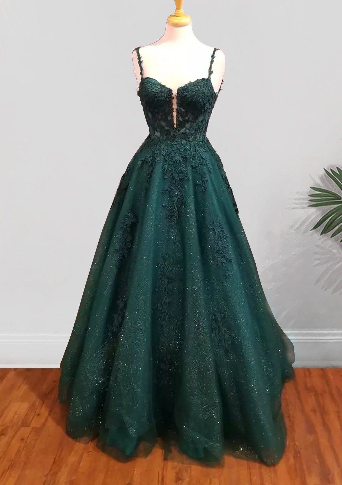 Dark Green Corset Prom Dresses, A-line Sweetheart Spaghetti Straps Long/Floor-Length Tulle Corset Prom Dress With Beading Glitter Appliqued Gowns, Dark Green Prom Dresses