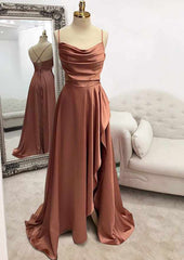 Simple Corset Prom Dresses, A-line Bateau Spaghetti Straps Long/Floor-Length Satin Corset Prom Dress With Pleated Split outfit, Simple Prom Dresses