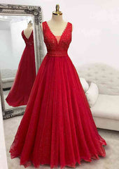 Sparkly Red Corset Prom Dresses, A-line Princess V Neck Long/Floor-Length Tulle Corset Prom Dress With Appliqued Beading Glitter outfit, Sparkly Red Prom Dresses