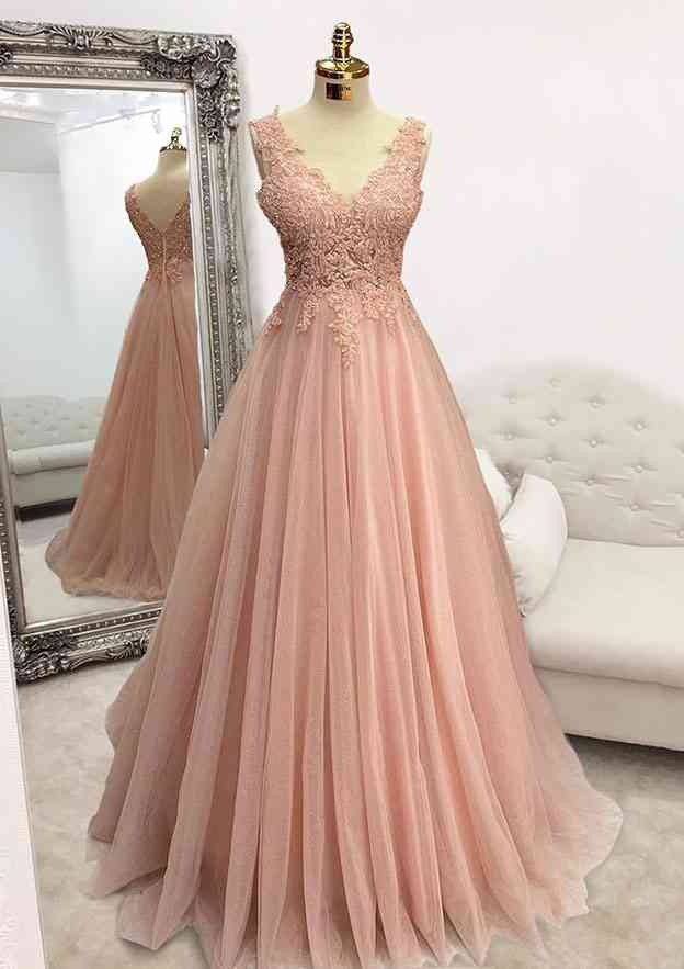Pearl Pink Corset Prom Dresses, A-line V Neck Sleeveless Long/Floor-Length Tulle Glitter Corset Prom Dress With Appliqued Beading outfit, Pearl Pink Prom Dresses