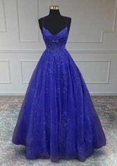 Royal Blue Corset Prom Dresses, A-line V Neck Spaghetti Straps Long/Floor-Length Tulle Corset Prom Dress With Appliqued Beading Glitter outfit, Royal Blue Prom Dresses