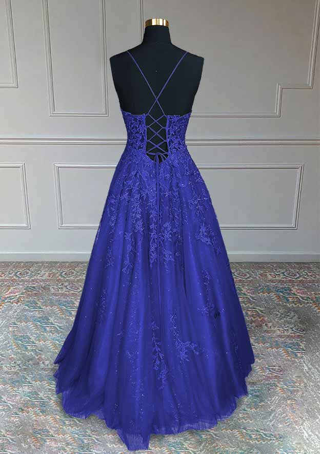 Royal Blue Corset Prom Dresses, A-line V Neck Spaghetti Straps Long/Floor-Length Tulle Corset Prom Dress With Appliqued Beading Glitter outfit, Royal Blue Prom Dresses