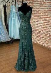 Dark Green Corset Prom Dresses, Trumpet/Mermaid V Neck Spaghetti Straps Long/Floor-Length Tulle Corset Prom Dress With Appliqued Beading outfit, Dark Green Prom Dresses