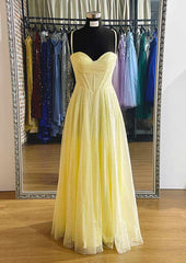 Yellow Corset Prom Dresses, A-line Sweetheart Spaghetti Straps Long/Floor-Length Tulle Corset Prom Dress With Pleated Glitter outfit, Yellow Prom Dresses