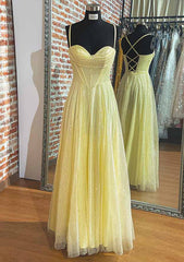 Yellow Corset Prom Dresses, A-line Sweetheart Spaghetti Straps Long/Floor-Length Tulle Corset Prom Dress With Pleated Glitter outfit, Yellow Prom Dresses