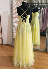 Yellow Corset Prom Dresses, A-line Sweetheart Spaghetti Straps Long/Floor-Length Tulle Corset Prom Dress With Pleated Glitter outfit, Yellow Prom Dresses