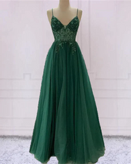 Spaghetti Strap Green A Line Long Corset Prom Dress V Neck Corset Formal Evening Gown Party Dress Outfits, Prom Dress Long Sleeved