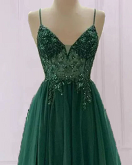 Spaghetti Strap Green A Line Long Corset Prom Dress V Neck Corset Formal Evening Gown Party Dress Outfits, Prom Dress Long Sleeve
