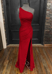 Sheath/Column One-Shoulder Sleeveless Jersey Long/Floor-Length Red Corset Prom Dress With Pleated Split outfit, Sheath/Column One-Shoulder Sleeveless Jersey Long/Floor-Length Red Prom Dress With Pleated Split