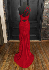 Sheath/Column One-Shoulder Sleeveless Jersey Long/Floor-Length Red Corset Prom Dress With Pleated Split outfit, Sheath/Column One-Shoulder Sleeveless Jersey Long/Floor-Length Red Prom Dress With Pleated Split