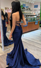 Charming Navy Mermaid Corset Prom Dress,Backless Evening Gown outfits, Charming Navy Mermaid Prom Dress